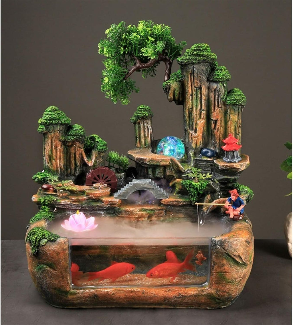 Tabletop Fountain and Transparent Fish Tank Indoor Fountain Waterfall Decoration Gift，Resin，40×25×40cm