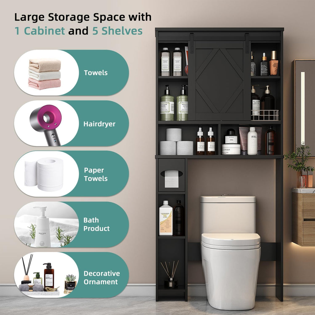 Over the Toilet Storage Cabinet with Farmhouse Sliding Barn Door, Above Toilet Organizer with Toilet Paper Holder Stand, Behind Toilet Shelf, Space Saver for Restroom, Bathroom, Laundry, Black