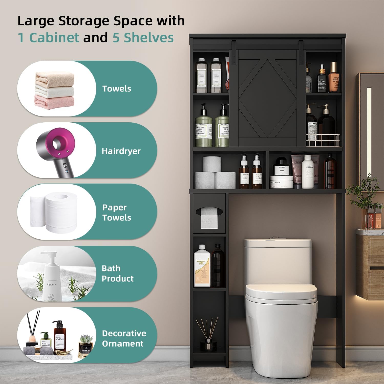 Over the Toilet Storage Cabinet with Farmhouse Sliding Barn Door, Above Toilet Organizer with Toilet Paper Holder Stand, Behind Toilet Shelf, Space Saver for Restroom, Bathroom, Laundry, Black