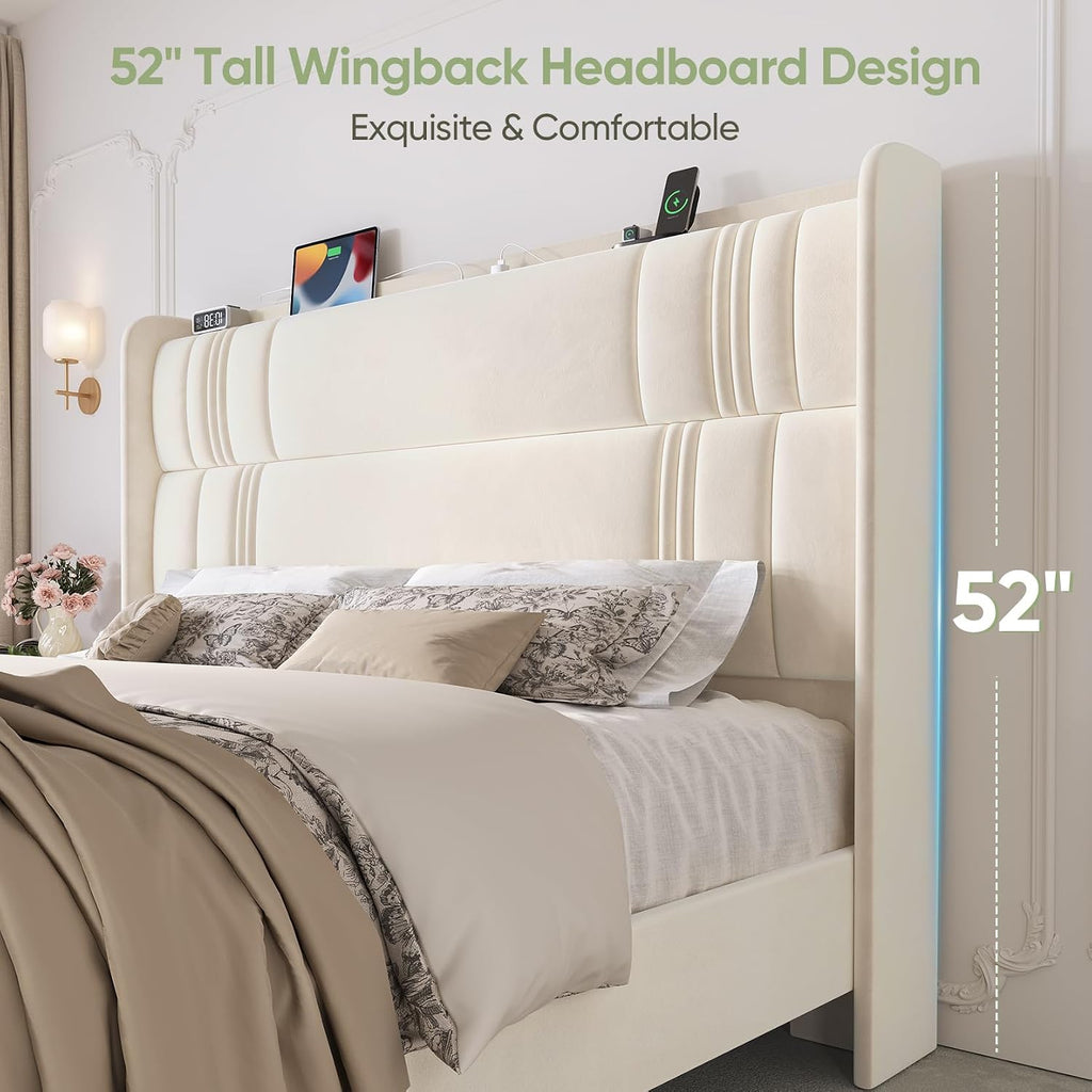 King Size Bed Frame and Tall Headboard, 52' Upholstered Platform Bed Frame with Charging Station, Luxury Velvet Bed Frames/Curved Wingback Headboard, No Box Spring Needed, Easy Assembly, Sturdy, Beige