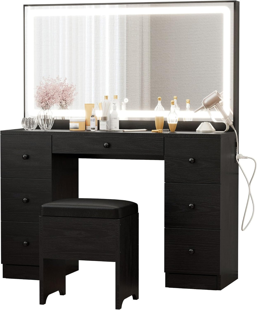 IRONCK Vanity Makeup Desk Set with LED Lighted Mirror & Power Outlet, 7 Drawers Bedroom Vanities Table with Stool,Black
