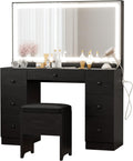 IRONCK Vanity Makeup Desk Set with LED Lighted Mirror & Power Outlet, 7 Drawers Bedroom Vanities Table with Stool,Black