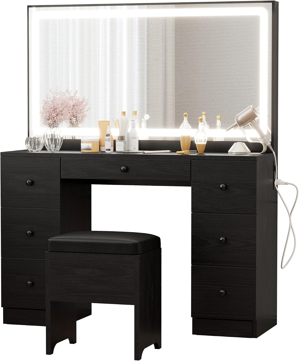 IRONCK Vanity Makeup Desk Set with LED Lighted Mirror & Power Outlet, 7 Drawers Bedroom Vanities Table with Stool,Black