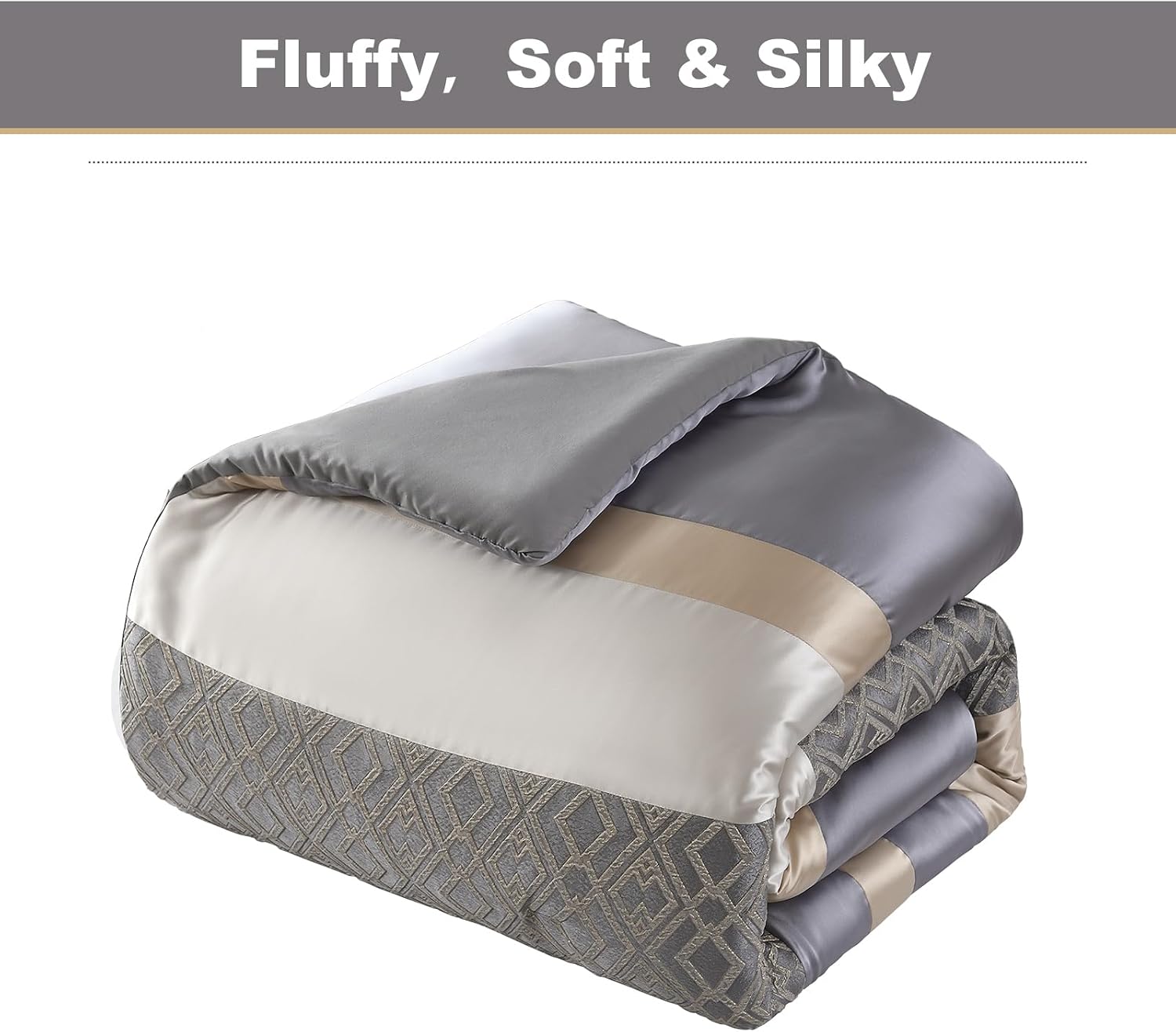 PANGUSHAN 7 Pieces Comforter Set Queen Size, Luxury Silky Elegant Jacquard Fluffy Reversible Bedding Set with Bed Skirt, Shams and Pillows, Bed in a Bag Queen, Down Alternative, Gray