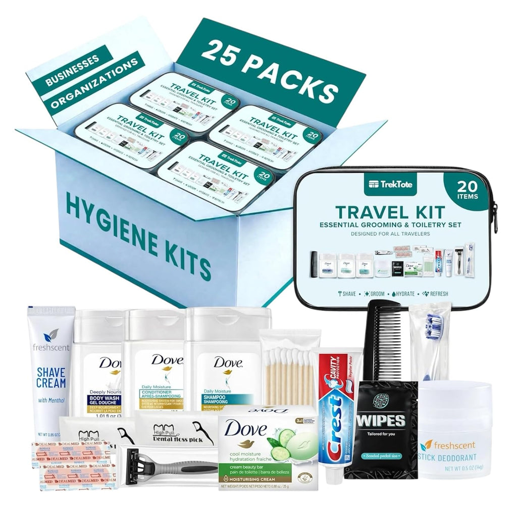 20 Piece Hygiene Kit Bulk, Travel Size Toiletries Set, Care Package Supplies, Mini Deodorant Shampoo Body Wash Toothbrush Toothpaste Razor Kit, TSA Approved, Clear Bag