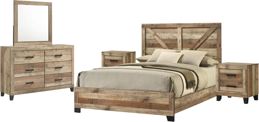 Kings Brand Furniture Biloxi Farmhouse Classic 5-Piece Bedroom Set - Bed Frame with Headboard, Dresser, Mirror and 2 Nightstand (Queen)