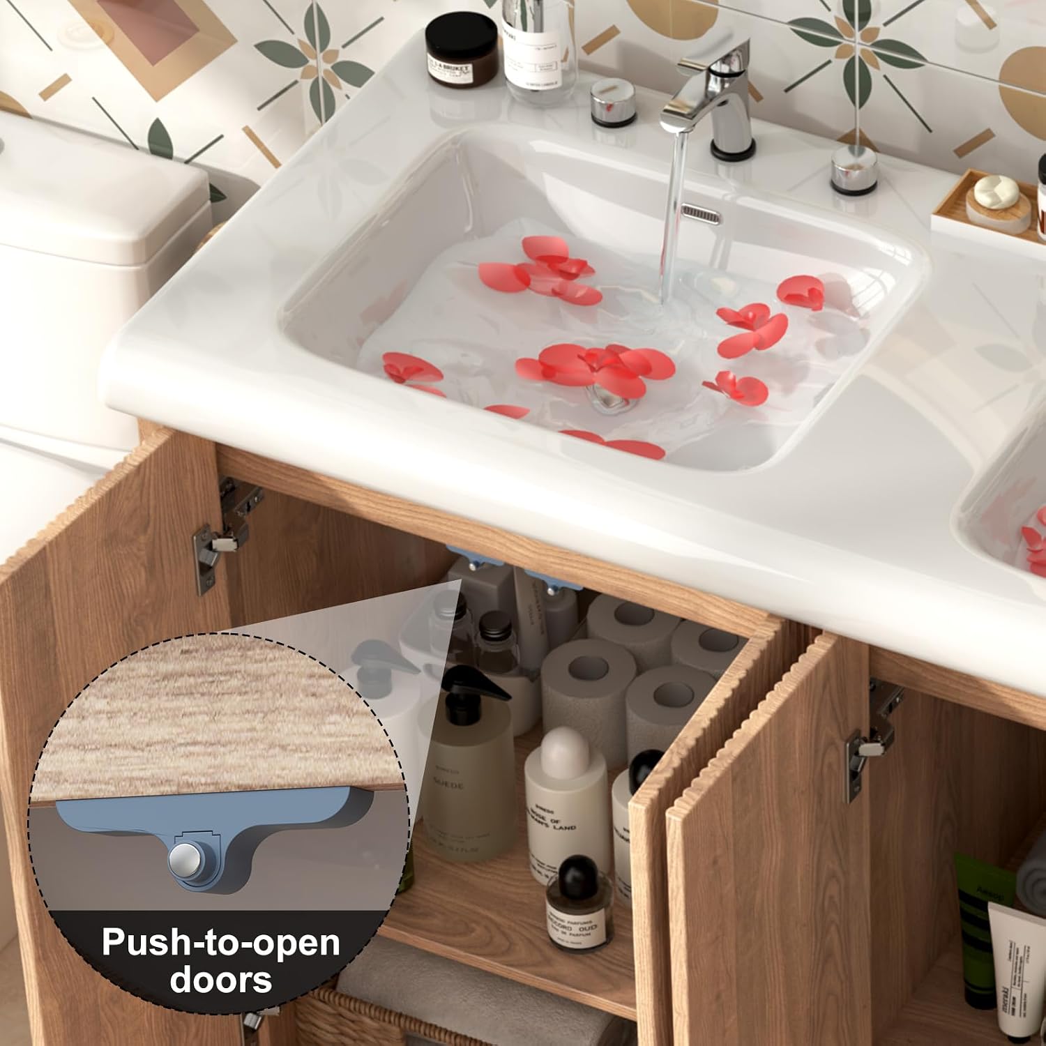 46.7 inch Bathroom Sink Vanity Combo, Large Freestanding Double Bath Vanity Sink Set with 4 Cabinets, Dual Basin Bathroom Storage Cabinet, Natural Wood Color