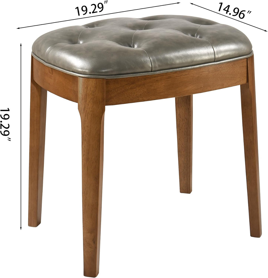 Vanity Stool with Padded Cushion, Vanity Bench with Wood Legs, Piano Bench Seat with with Solid Wood Legs, Backless Vanity Stool for Makeup Room, Bedroom, Dining Room and Study Room, Grey