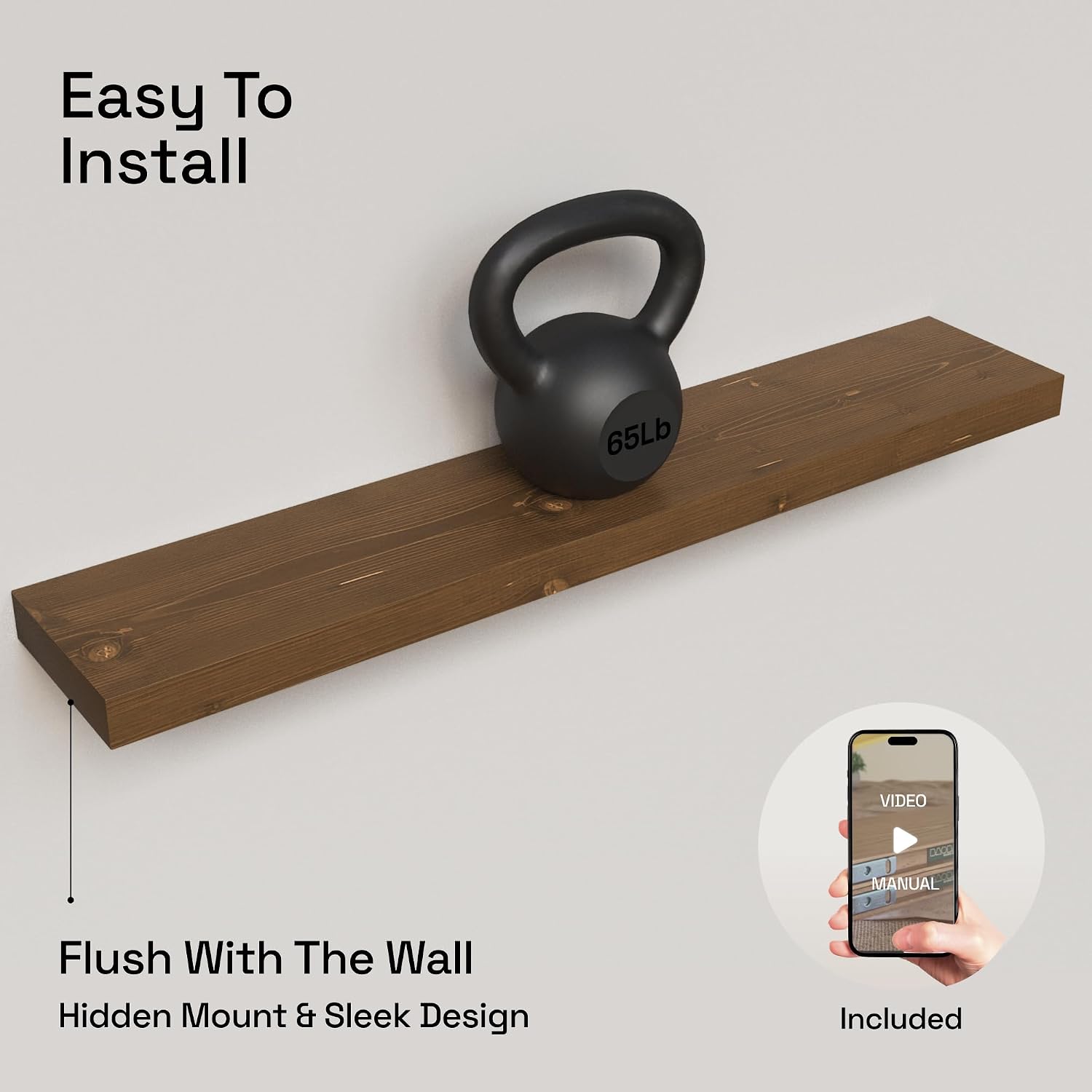 BAOBAB WORKSHOP Solid Wood Floating Shelves for Wall 36 Inches Long, Heavy Duty Wall Shelf for Bedroom 36 Inch Large, Real Wooden Bathroom Shelf Kitchen Rustic, Walnut Shelves, 36W × 6.7D, Set of 2