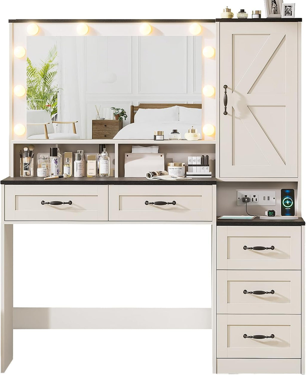 Farmhouse Vanity Desk with Mirror and 10 Led Lights, 45.3 ' Large Makeup Vanity Table with Power Outlet, 5 Drawers and 1 cabinet, Vanity Set Dressing Table with 9 Hooks for Women Girls (White+Black)