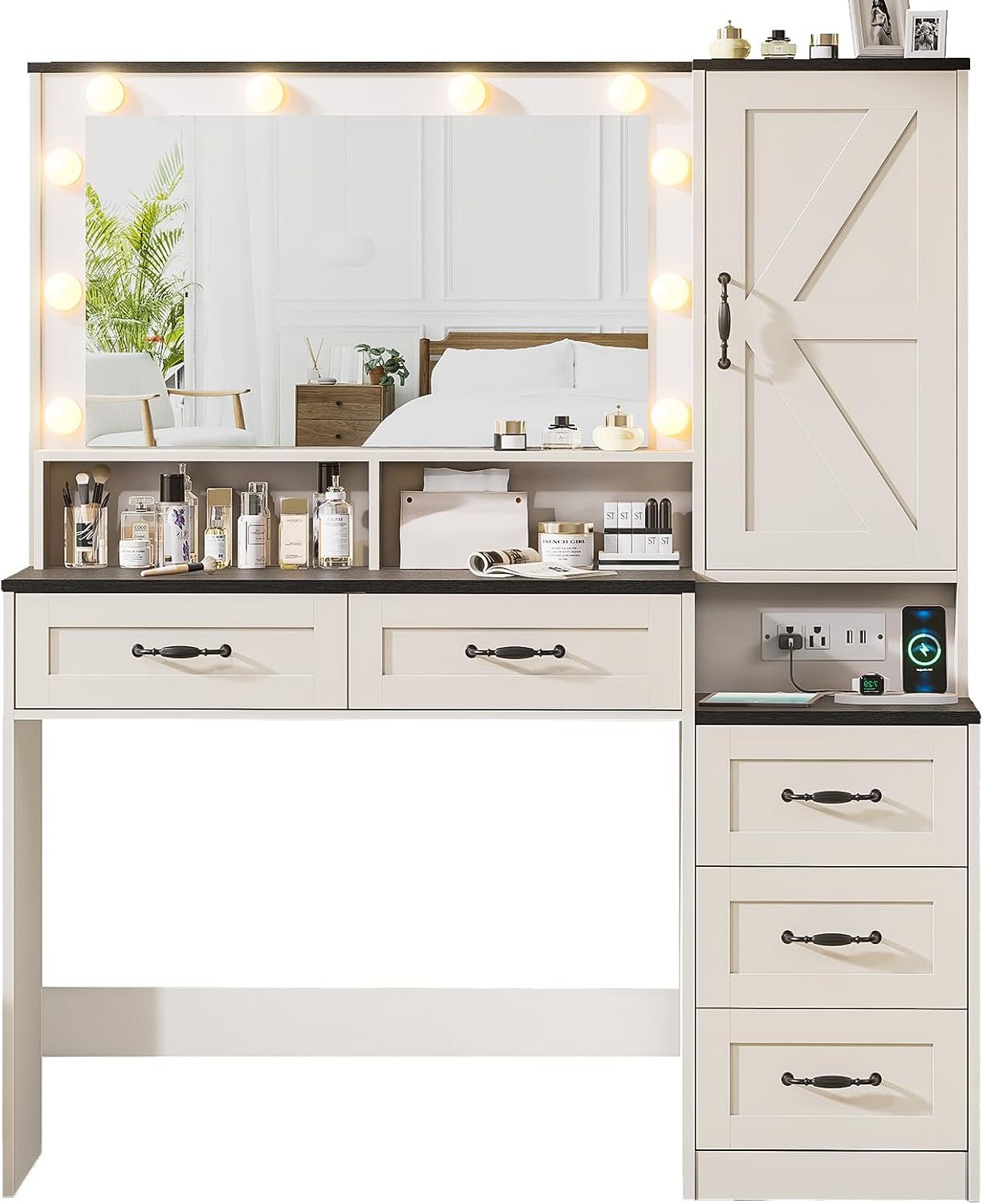 Farmhouse Vanity Desk with Mirror and 10 Led Lights, 45.3 ' Large Makeup Vanity Table with Power Outlet, 5 Drawers and 1 cabinet, Vanity Set Dressing Table with 9 Hooks for Women Girls (White+Black)