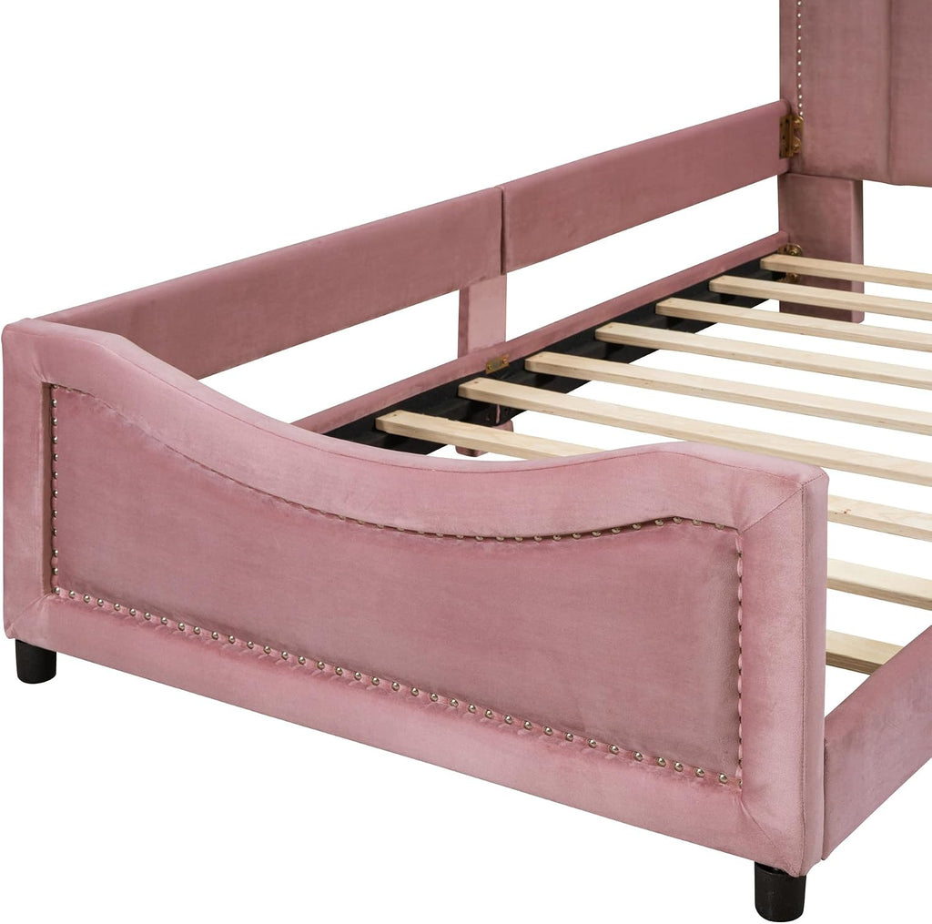 Favfurish Twin Size Upholstered Daybed with Classic Stripe Shaped Headboard,Durable Wooden Platform Bed Frame,No Box Spring Needed,for Kids Teens Adults,Bedroom Guestroom Dorm,Pink