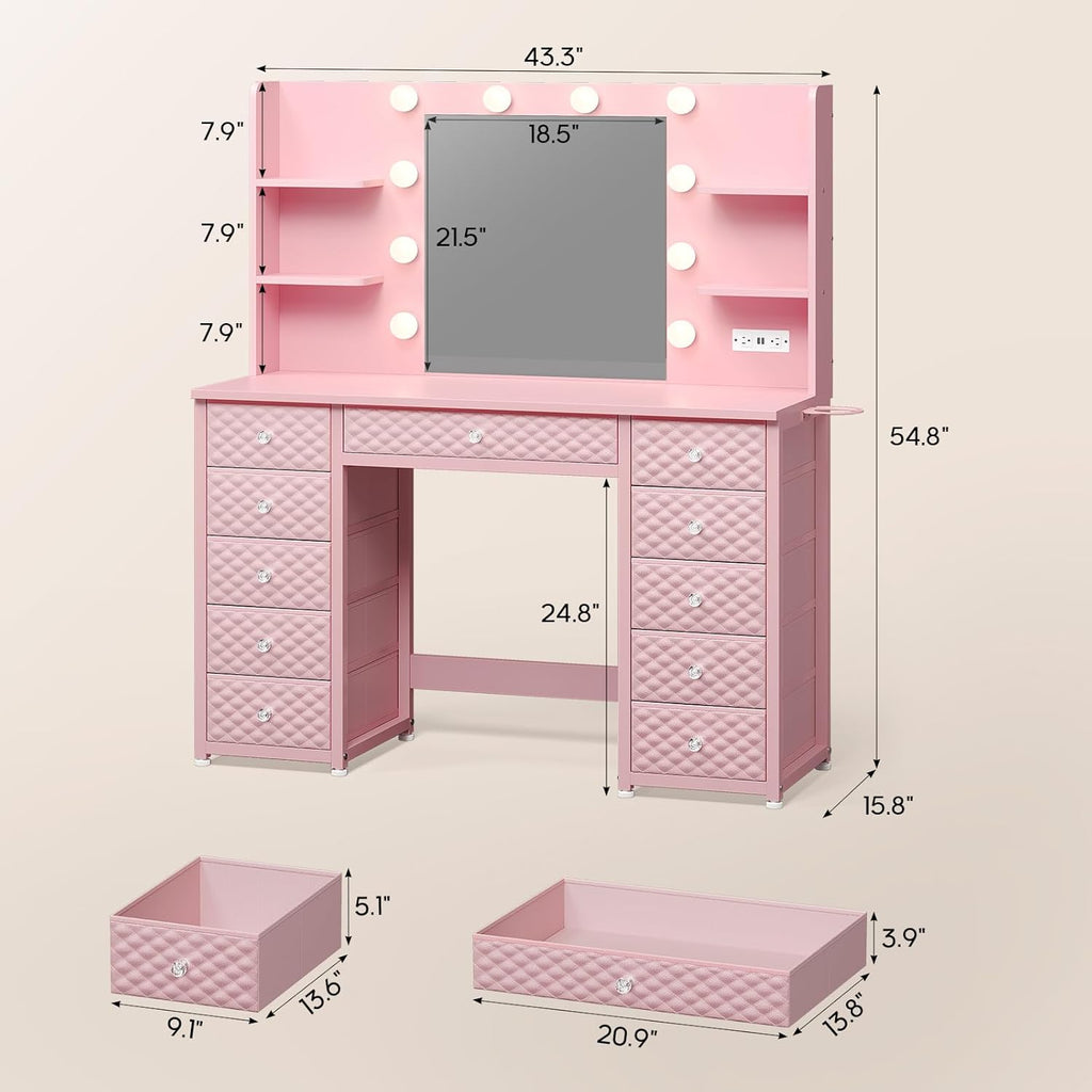 HAUOMS Pink Vanity with Lights and Mirror, 11 Drawer Makeup Vanity with Power Strip, 6 Open Shelves, 43.3' Vanity Desk with Storage, Dressing Table with 3 Color Modes for Bedroom, Women, Girls (Pink)