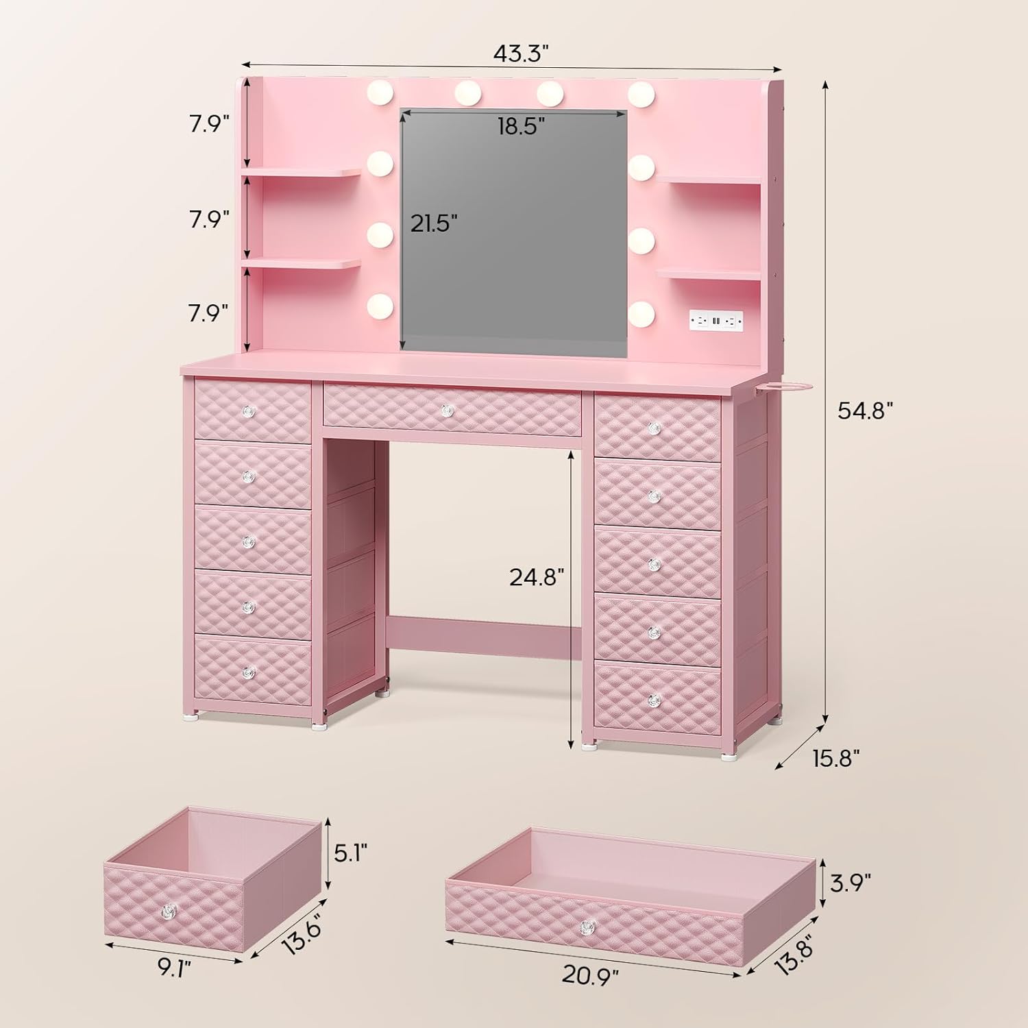 HAUOMS Pink Vanity with Lights and Mirror, 11 Drawer Makeup Vanity with Power Strip, 6 Open Shelves, 43.3' Vanity Desk with Storage, Dressing Table with 3 Color Modes for Bedroom, Women, Girls (Pink)