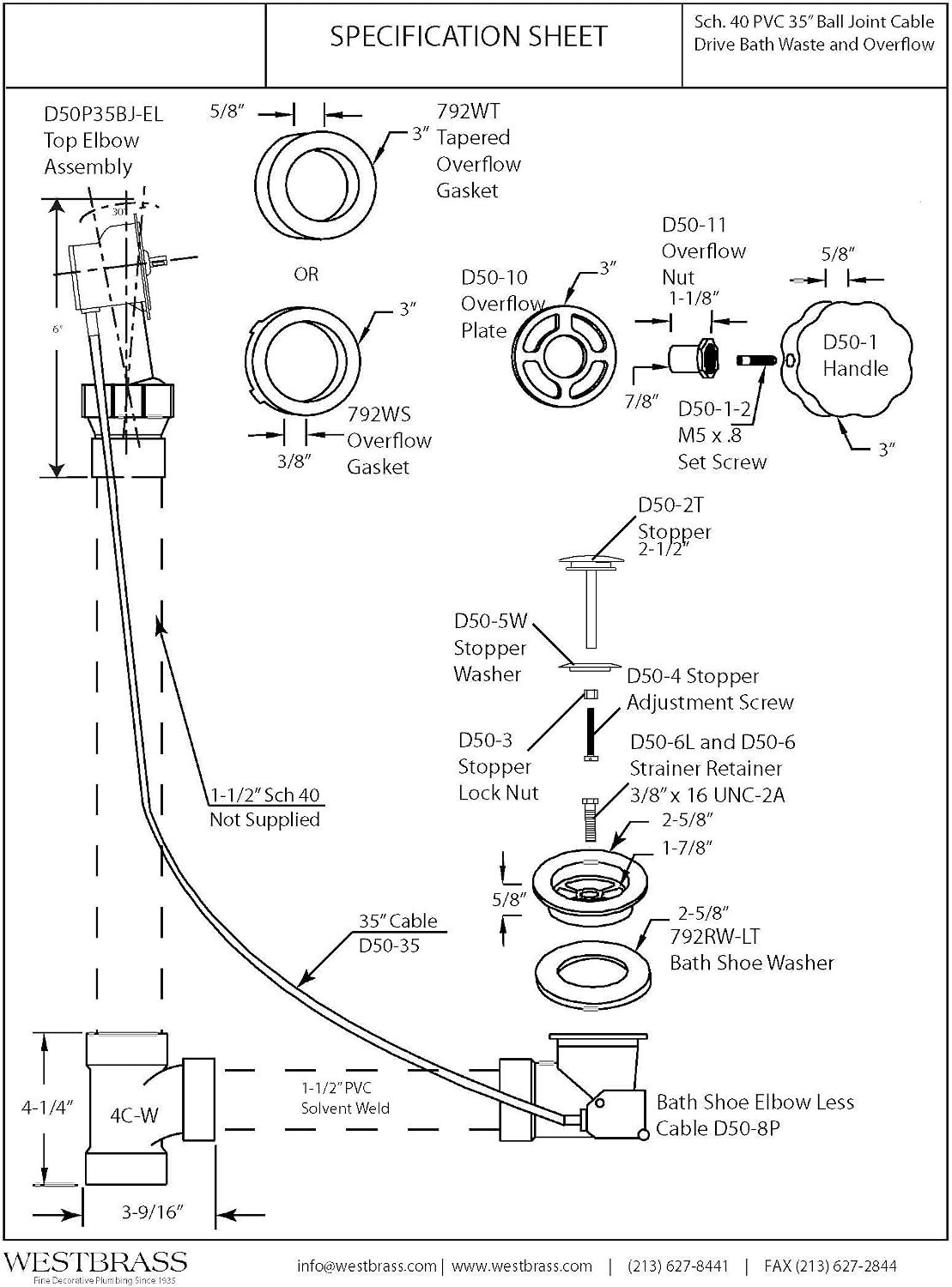 Westbrass D50P35BJ-20 35' Ball Joint Schedule 40 PVC Cable Drain, Stainless Steel
