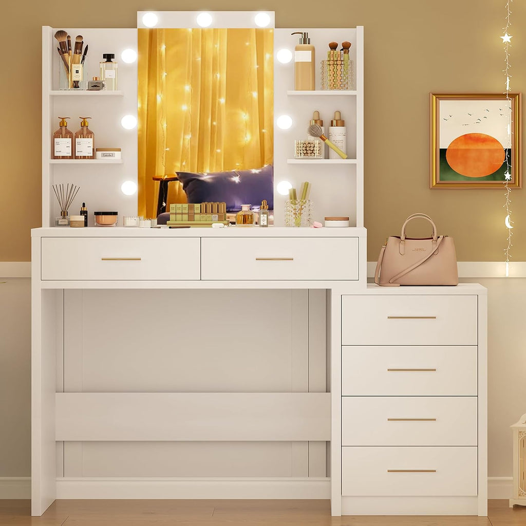 Quimoo 43.3' W Vanity Desk with Mirror and 9 LED Lights, Makeup Vanity with 6 Drawers, 6 Open Shelves, White Vanity for Women Girls, 43.3' W x 13.8' D x 54.3'