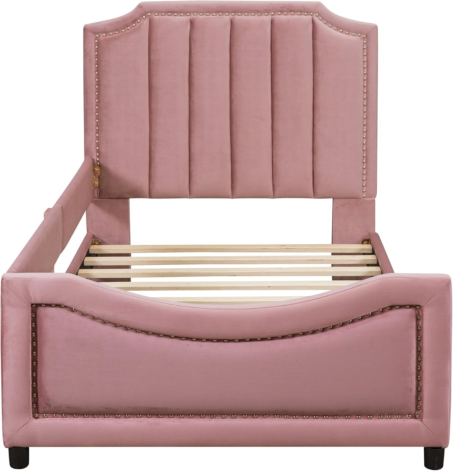 Favfurish Twin Size Upholstered Daybed with Classic Stripe Shaped Headboard,Durable Wooden Platform Bed Frame,No Box Spring Needed,for Kids Teens Adults,Bedroom Guestroom Dorm,Pink