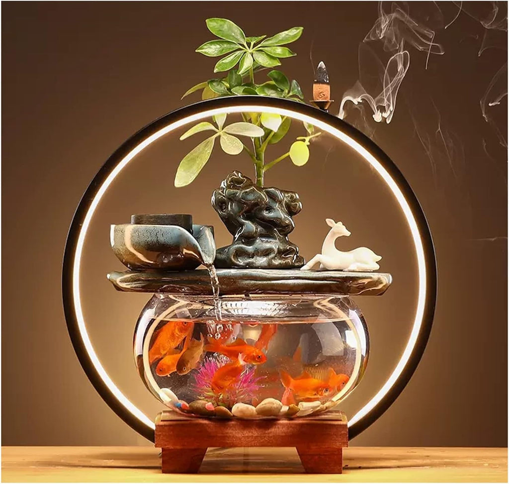 Indoor Fountain Indoor Relaxation Desktop Ceramic Tabletop Fountain with Glass Fish Tank, Wooden Base and Led Light, Indoor Zen Desktop Relaxing Water Feature - Interior,C