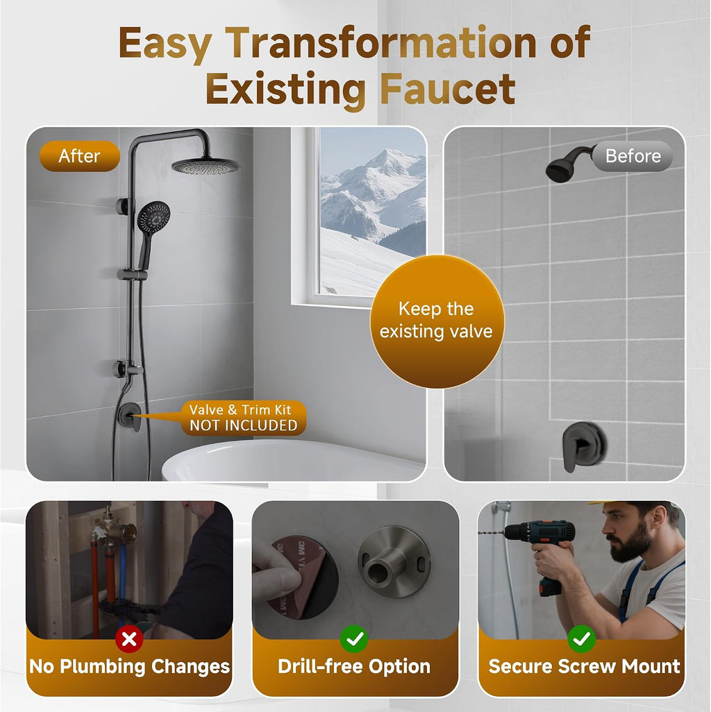 BRIGHT SHOWERS Shower System, 9 Inch Rain Shower Head with 5-Function Hand Shower, Dual Shower Combo with Height Adjustable Holder, Solid Brass Rail, 60 Inch Stainless Steel Hose, Oil-Rubbed Bronze