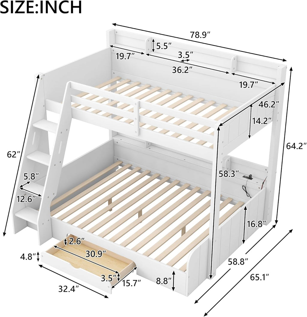 RUNNA Twin Over Full Bunk Bed with Storage Shelves, LED, Charging Station and a Drawer, Solid Wood Bunk Bed for Kids, Teens, Adults (White/LED)