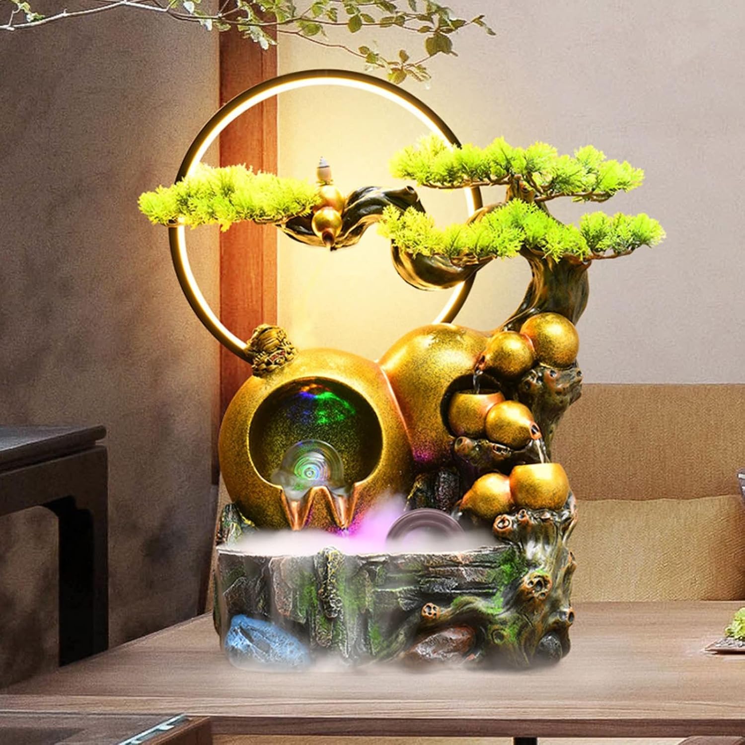 Tabletop Fountain Tabletop Water Fountain Resin Relaxation Meditation Desktop with Golden Gourd and Artificial Bonsai Design, Indoor Waterfall Feature for Home Office Decor(Small)