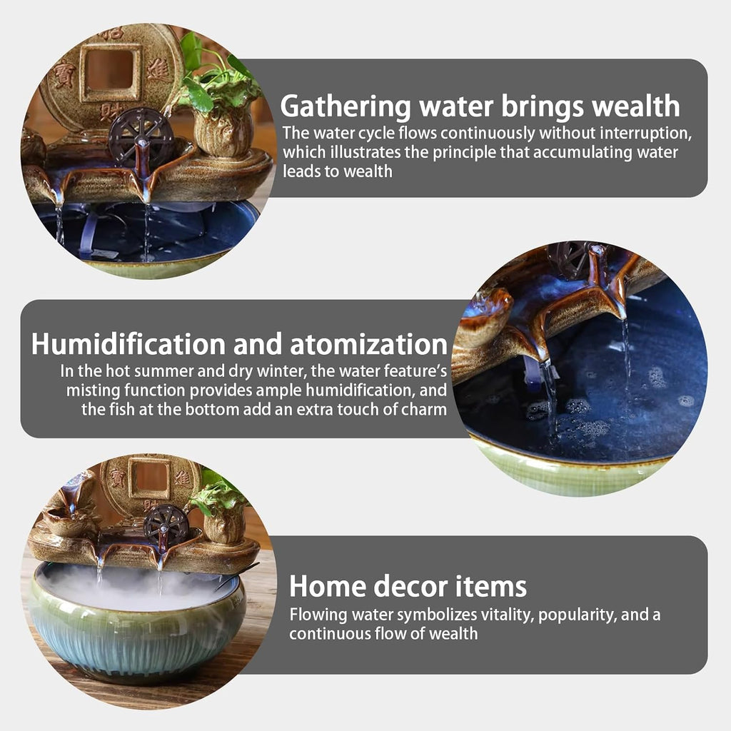 Tabletop Water Fountain, Feng Shui Mist Waterfall with Fish Tank, Ceramic Zen Bonsai Decor, Relaxing Desktop for Office Living Room(A)