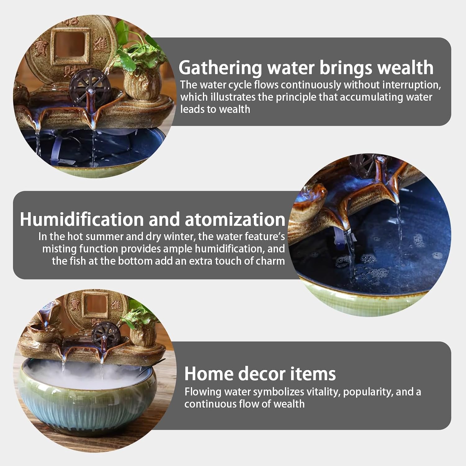 Tabletop Water Fountain, Feng Shui Mist Waterfall with Fish Tank, Ceramic Zen Bonsai Decor, Relaxing Desktop for Office Living Room(C)