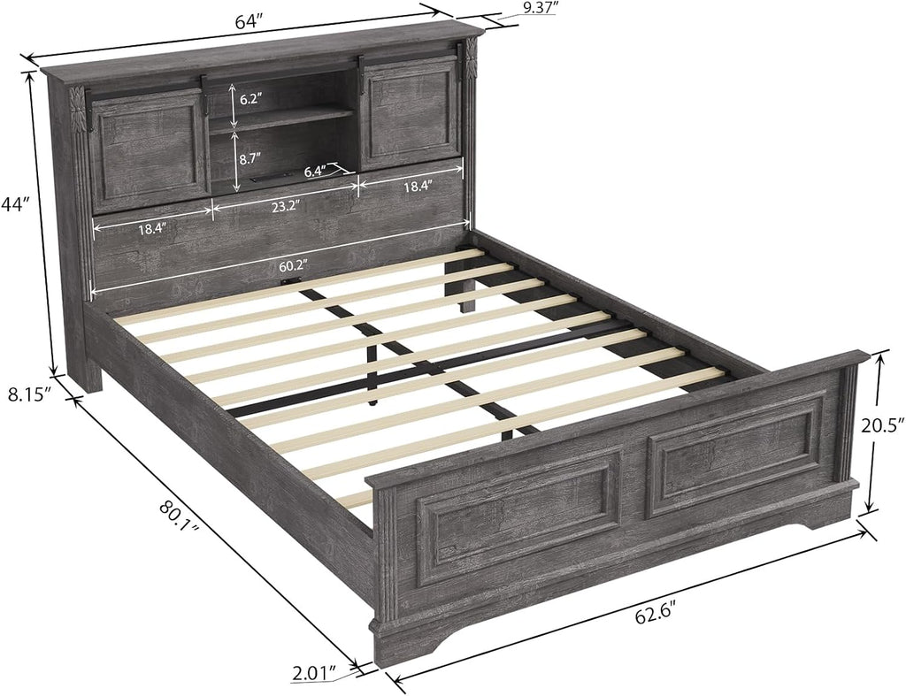BOSHIRO Farmhouse Queen Size Bed Frame with Storage Bookcase Headboard, Bed Frame Wood Platform w/Charging Station, Bracket Footboard, 2 Large Sliding Barn Doors, No Box Spring Needed - Light Gray