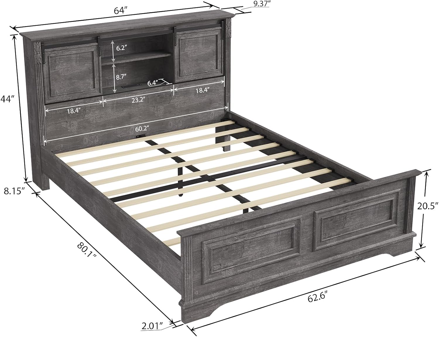 BOSHIRO Farmhouse Queen Size Bed Frame with Storage Bookcase Headboard, Bed Frame Wood Platform w/Charging Station, Bracket Footboard, 2 Large Sliding Barn Doors, No Box Spring Needed - Light Gray