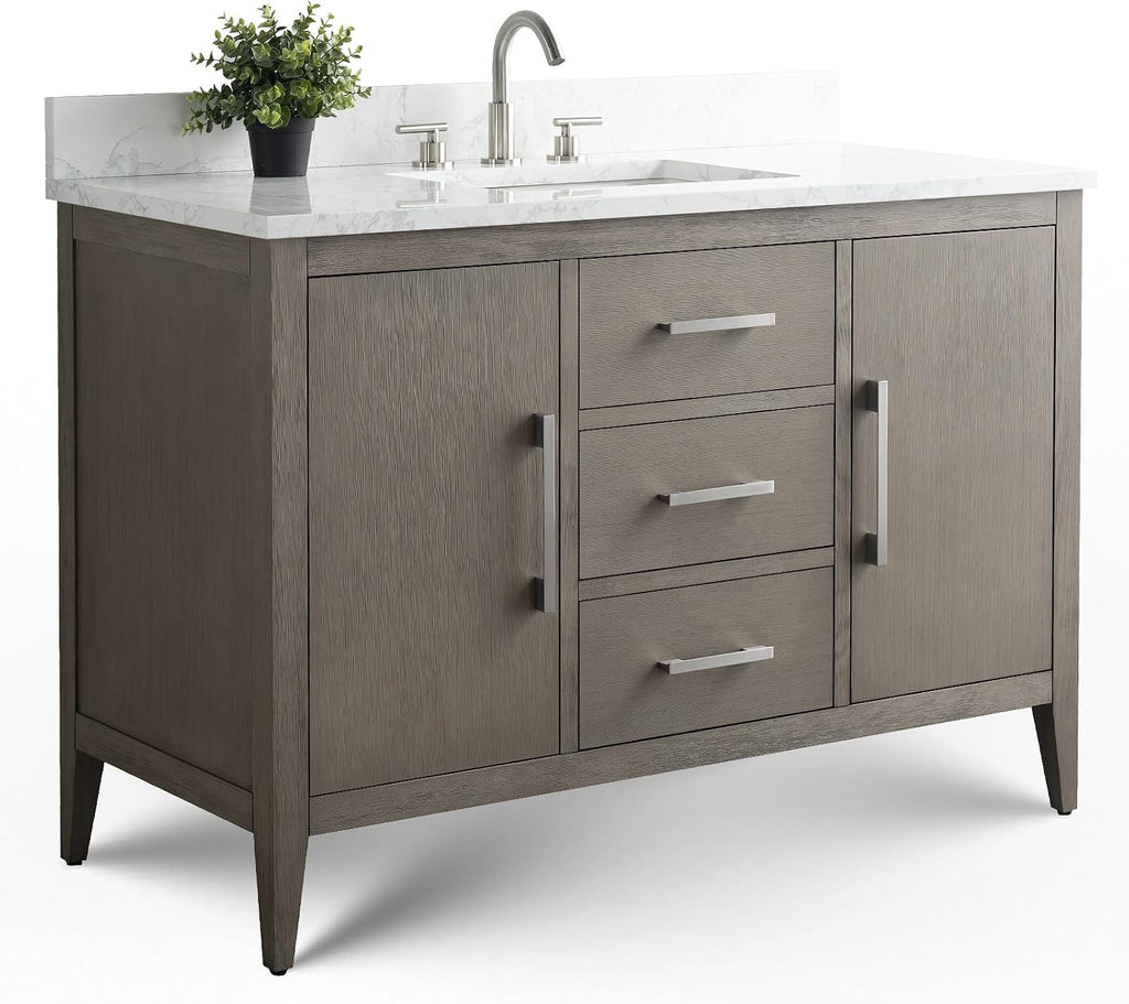Vanity Art 48 inch Bathroom Vanity with Single Sink & Ceramic Top, Solid Wood, Vanity Cabinet with Soft-Closing Doors, Drawers, Driftwood Gray, Golden Brushed Handware