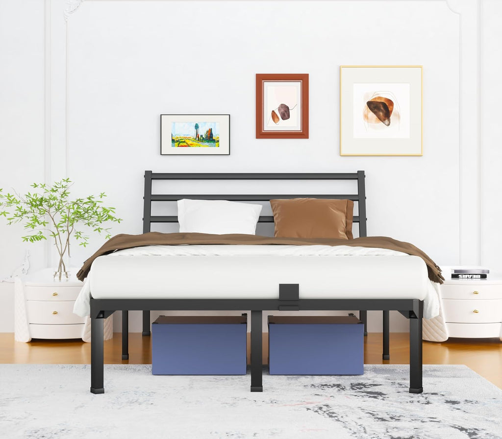 ROIL Full Size Metal Bed Frame with Headboard, 14inch Black Heavy Duty Platform with Steel Slats Support and Mattress Stoppers, 3500LBS No Box Spring Needed, Easy Assembly Noise-Free
