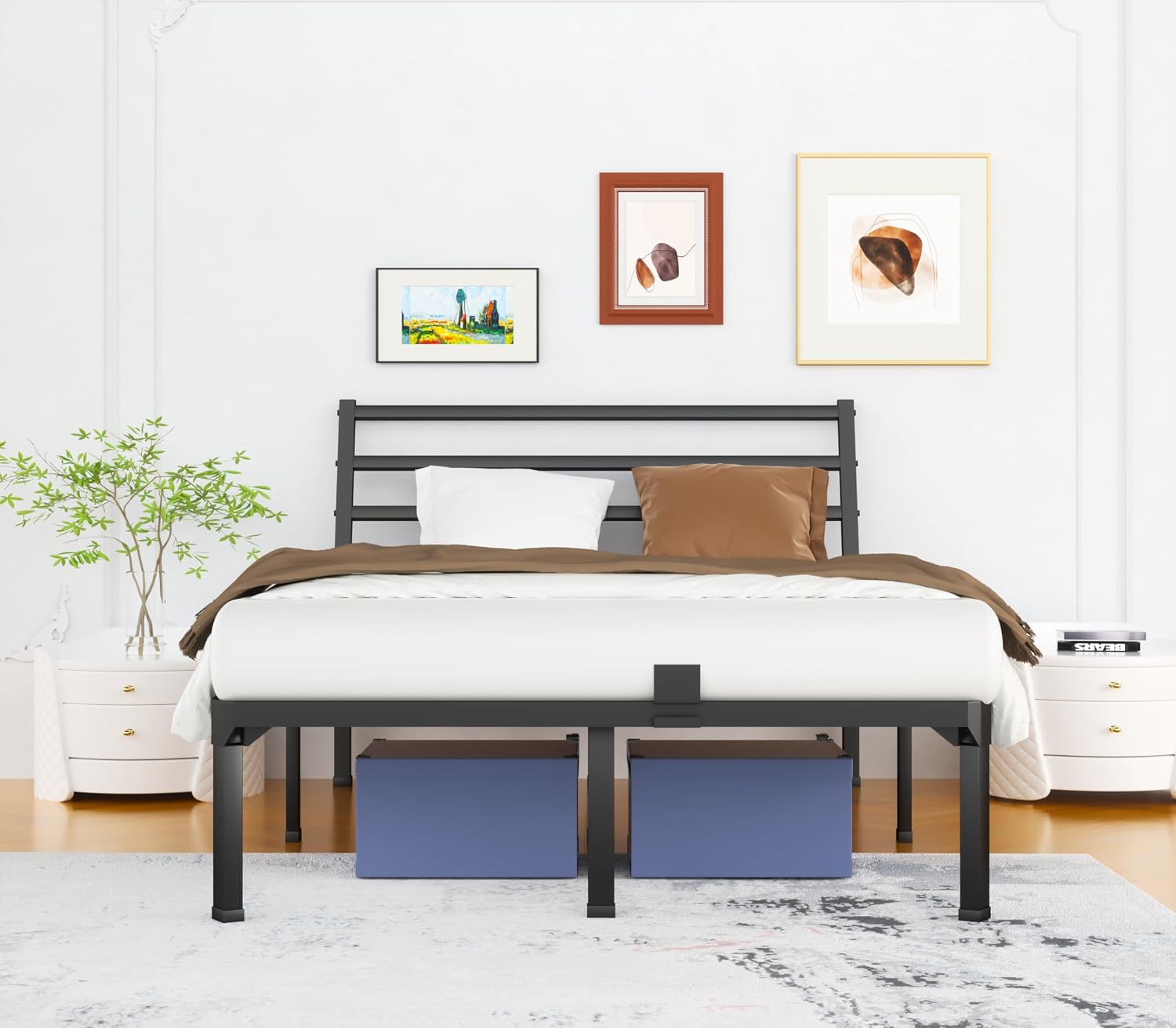 ROIL Queen Size Metal Bed Frame with Headboard, 14inch Black Heavy Duty Platform with Steel Slats Support and Mattress Stoppers, 3500LBS No Box Spring Needed, Easy Assembly Noise-Free