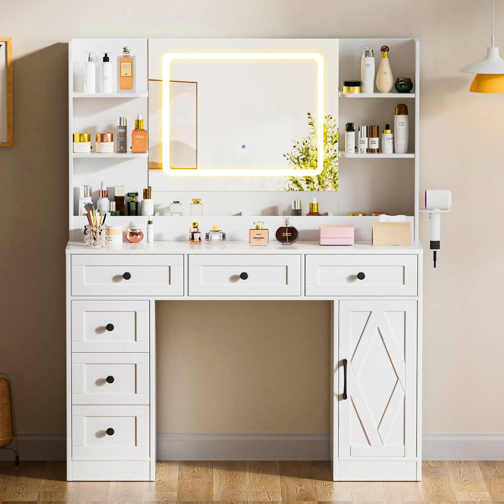 COMHOMA Makeup Vanity Desk with Mirror and Lights, Large Vanity Table with 6 Drawers & 1 Storage Cabinet, White Bedroom Dresser Table for Girls, 3 Color Modes Adjustable Mirror, White