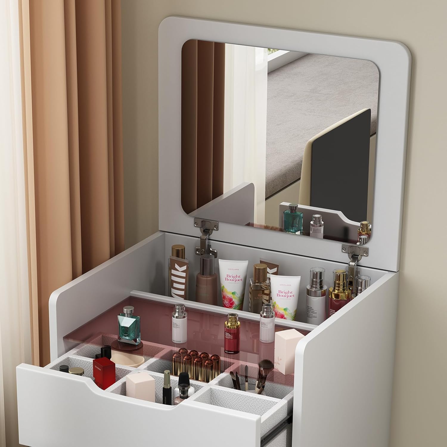 3 in 1 Vanity Desk with Plip Top Mirror and Lights, 18.9' Small Make Up Vanity Set with Visible Glass Desktop,Compact Makeup Vanity with 3 Drawers,Dressing Table for Bedroom,White