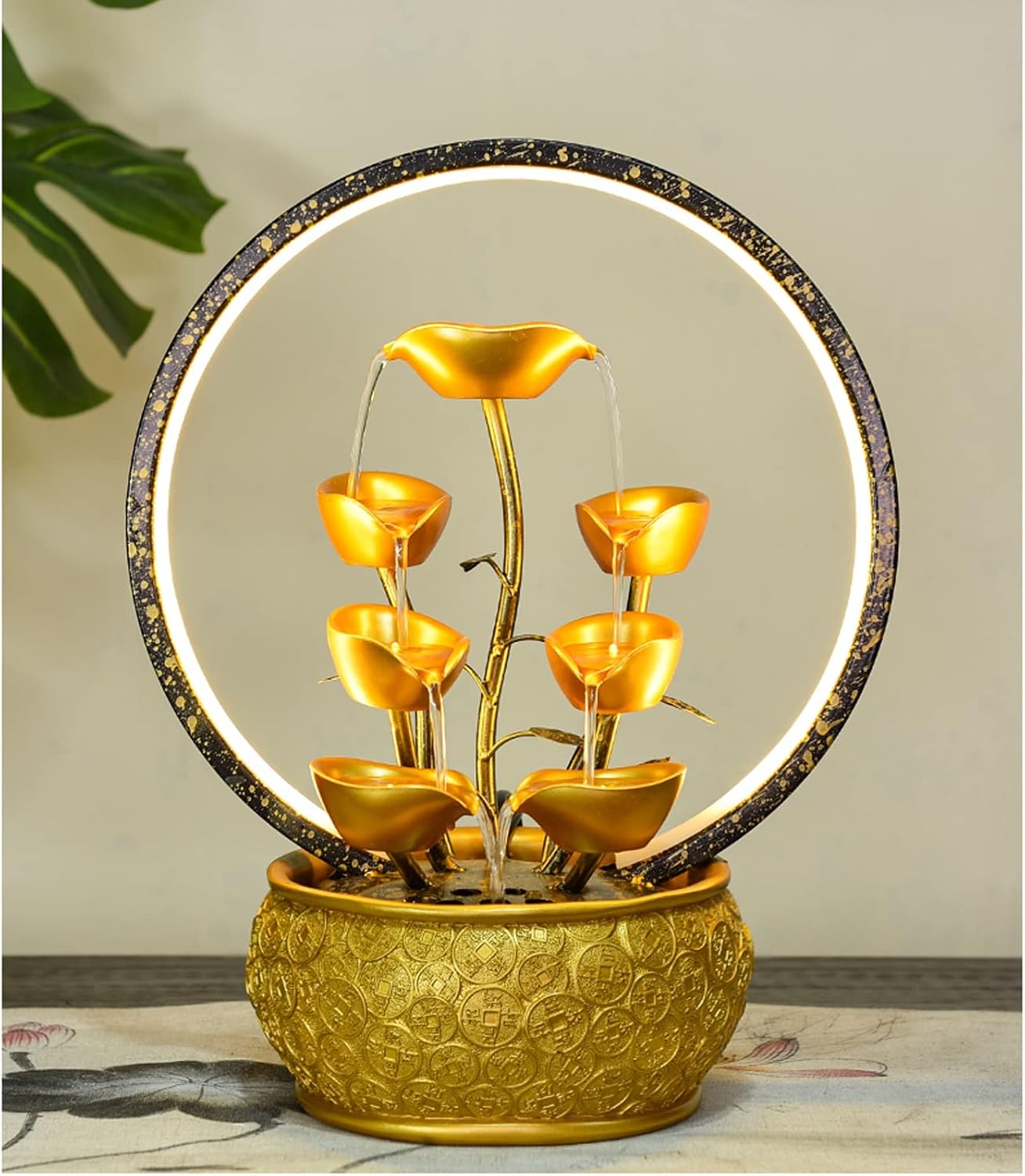 Tabletop Fountain Indoor Fountain Tabletop Waterfall Fountains Relaxation Water Feature Feng Shui Good Luck Wealth Desktop with Light Home and Office Decor, Gold(Small)