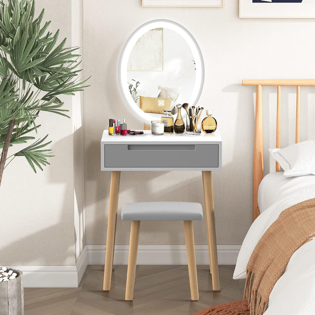 YOURLITE Small Vanity Desk with Mirror and Lights,Makeup Vanity Desk with Chair and Drawers for Small Space,Grey Vanity Dresser for Bedroom
