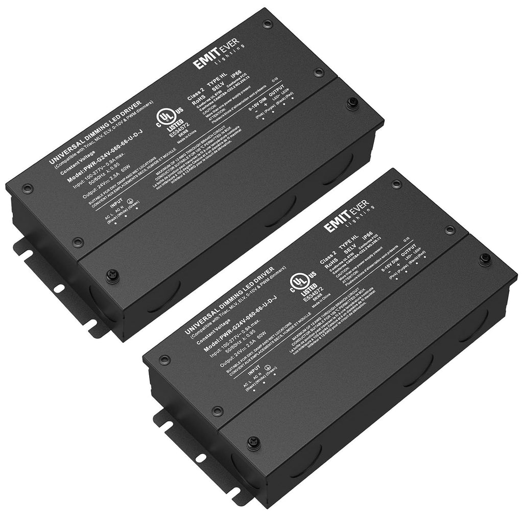 EMITEVER Dimmable Led Driver, 2 Packs 60W AC 110V-277V to DC 24V Transformer, 5-in-1 Dimming: ELV/MLV/TRIAC / 0-10V / 1-10V / 10V PWM/Potentiometer, Waterproof IP67 and UL Listed,Class 2