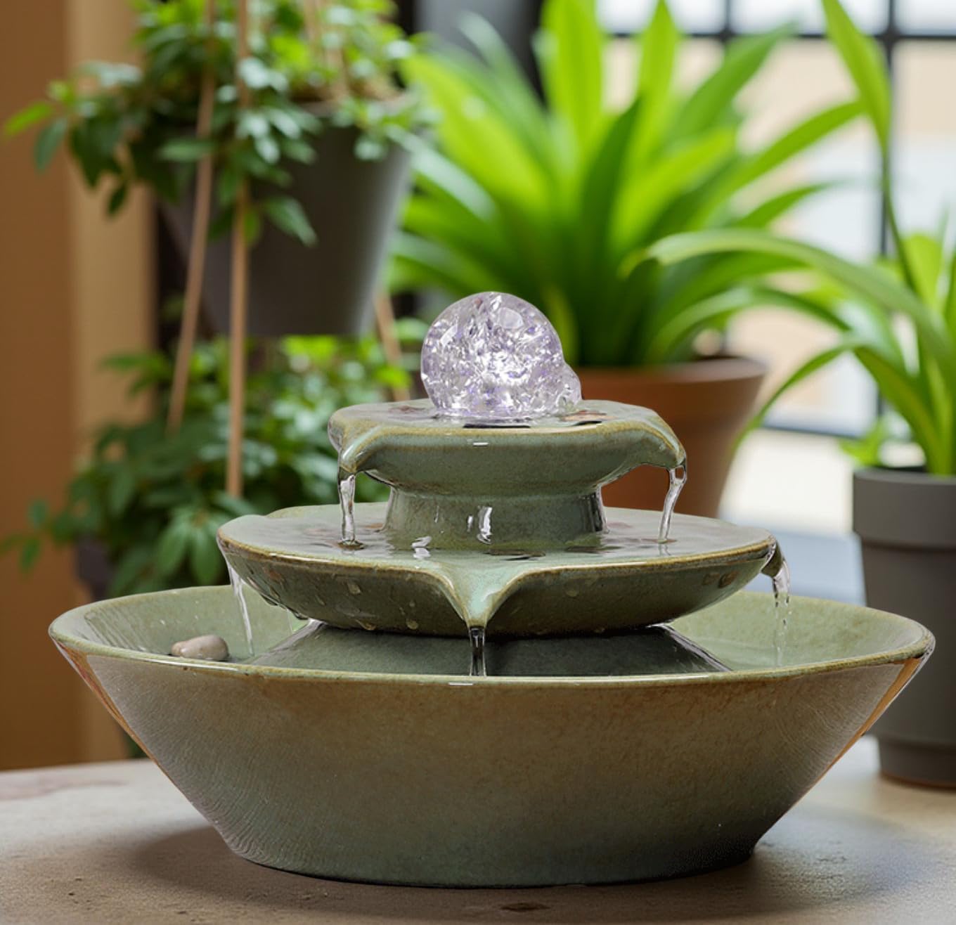 11.8' Indoor Tabletop Fountain, Ceramic Multi-Tier Waterfall with Crystal Ball & Fish Tank Feature, Free 10pcs Natural Crystals, Zen Home/Office/Entryway Decor, Housewarming Gift(Green)