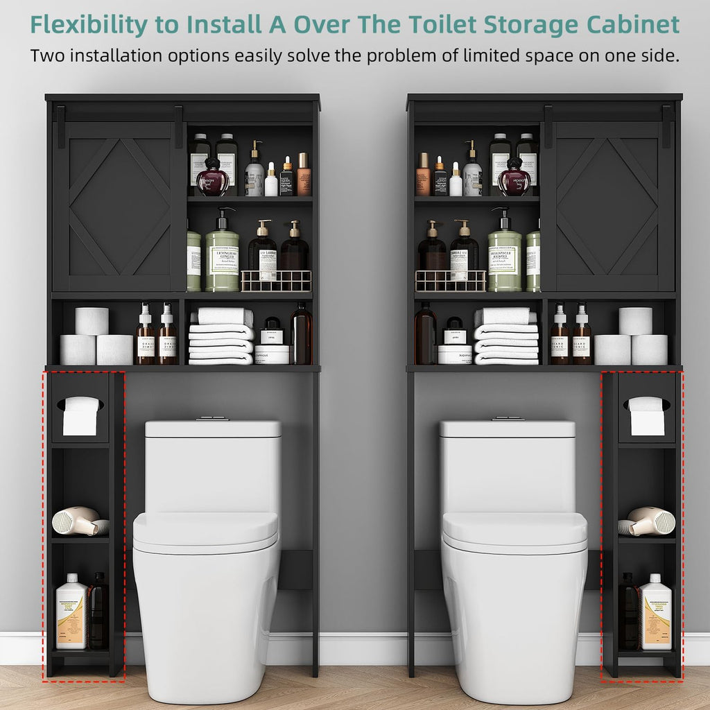 Over the Toilet Storage Cabinet with Farmhouse Sliding Barn Door, Above Toilet Organizer with Toilet Paper Holder Stand, Behind Toilet Shelf, Space Saver for Restroom, Bathroom, Laundry, Black