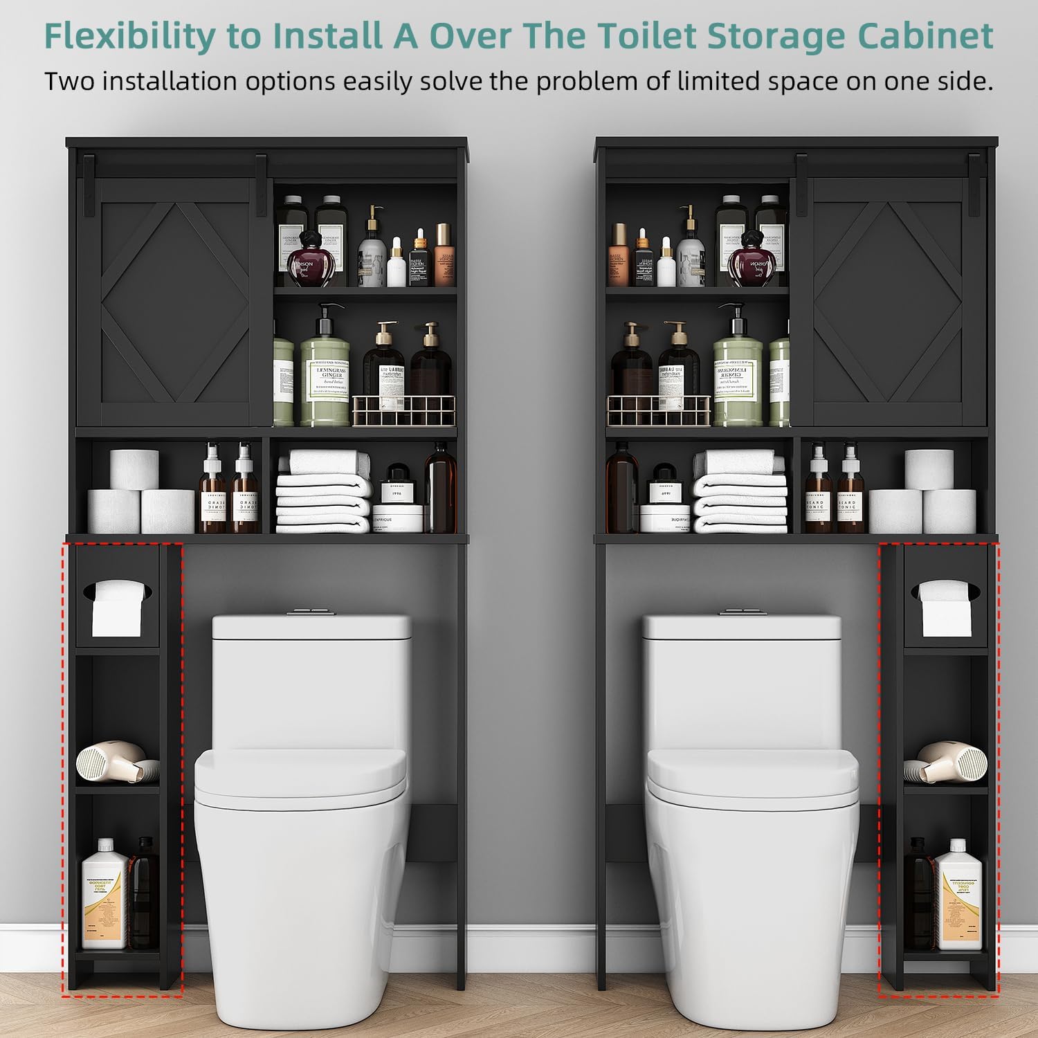 Over the Toilet Storage Cabinet with Farmhouse Sliding Barn Door, Above Toilet Organizer with Toilet Paper Holder Stand, Behind Toilet Shelf, Space Saver for Restroom, Bathroom, Laundry, Black