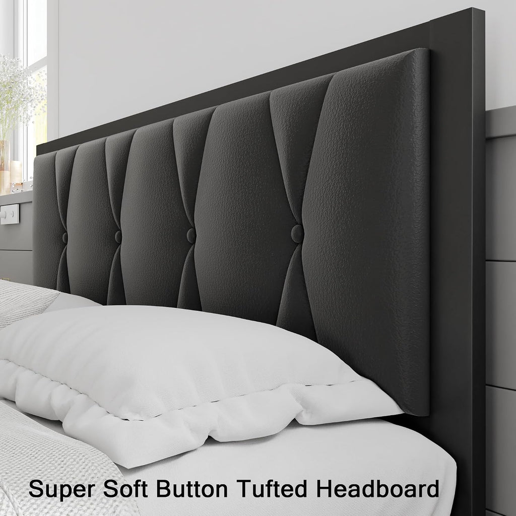 Einhomn Full Size Metal Bed Frame, Platform Bed with Faux Leather Button Tufted Headboard, 12' Underbed Storage, Steel Slats Support, No Box Spring Needed, Easy Assembly, Noise-Free, Black