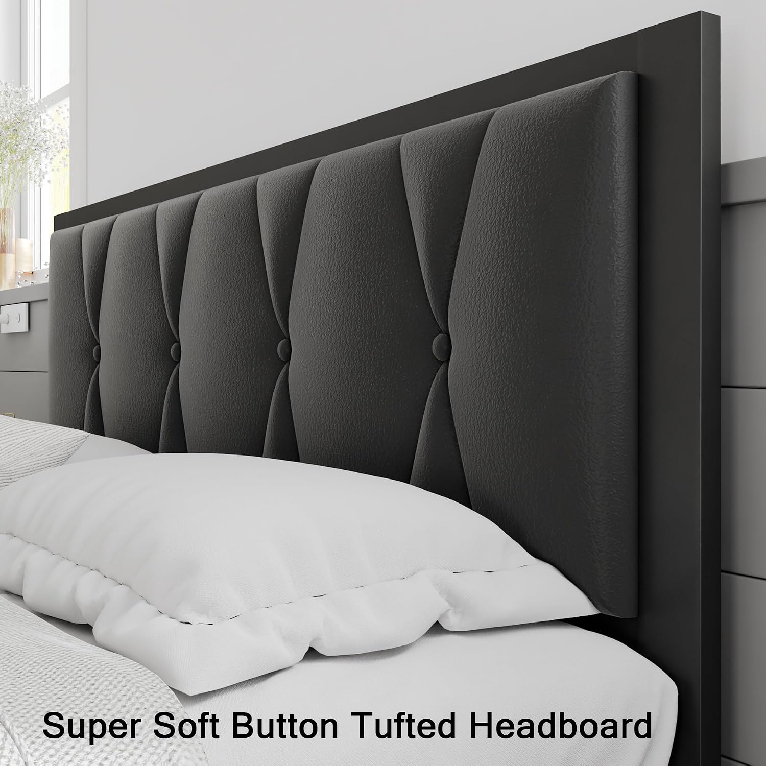 Einhomn Full Size Metal Bed Frame, Platform Bed with Faux Leather Button Tufted Headboard, 12' Underbed Storage, Steel Slats Support, No Box Spring Needed, Easy Assembly, Noise-Free, Black