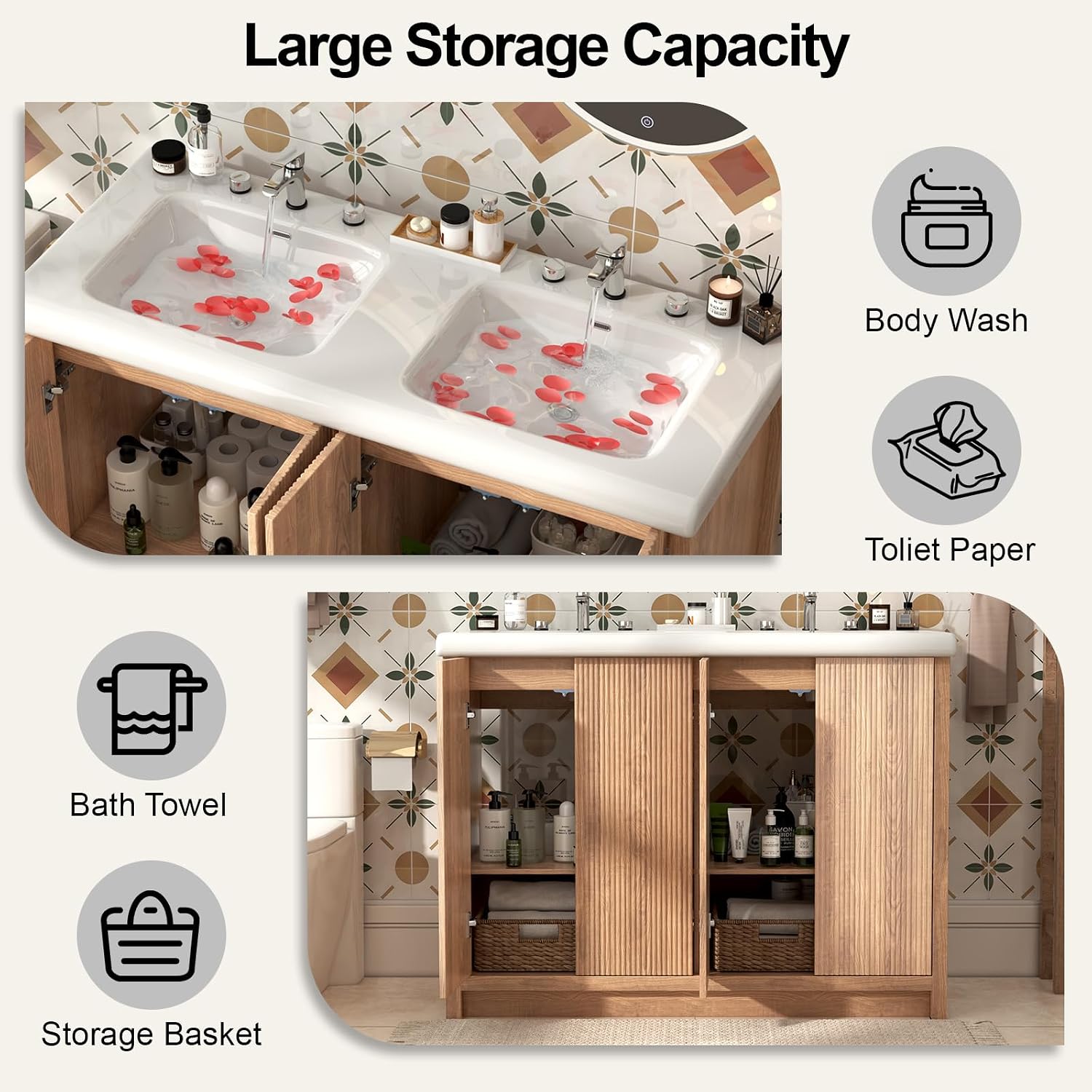 46.7 inch Bathroom Sink Vanity Combo, Large Freestanding Double Bath Vanity Sink Set with 4 Cabinets, Dual Basin Bathroom Storage Cabinet, Natural Wood Color