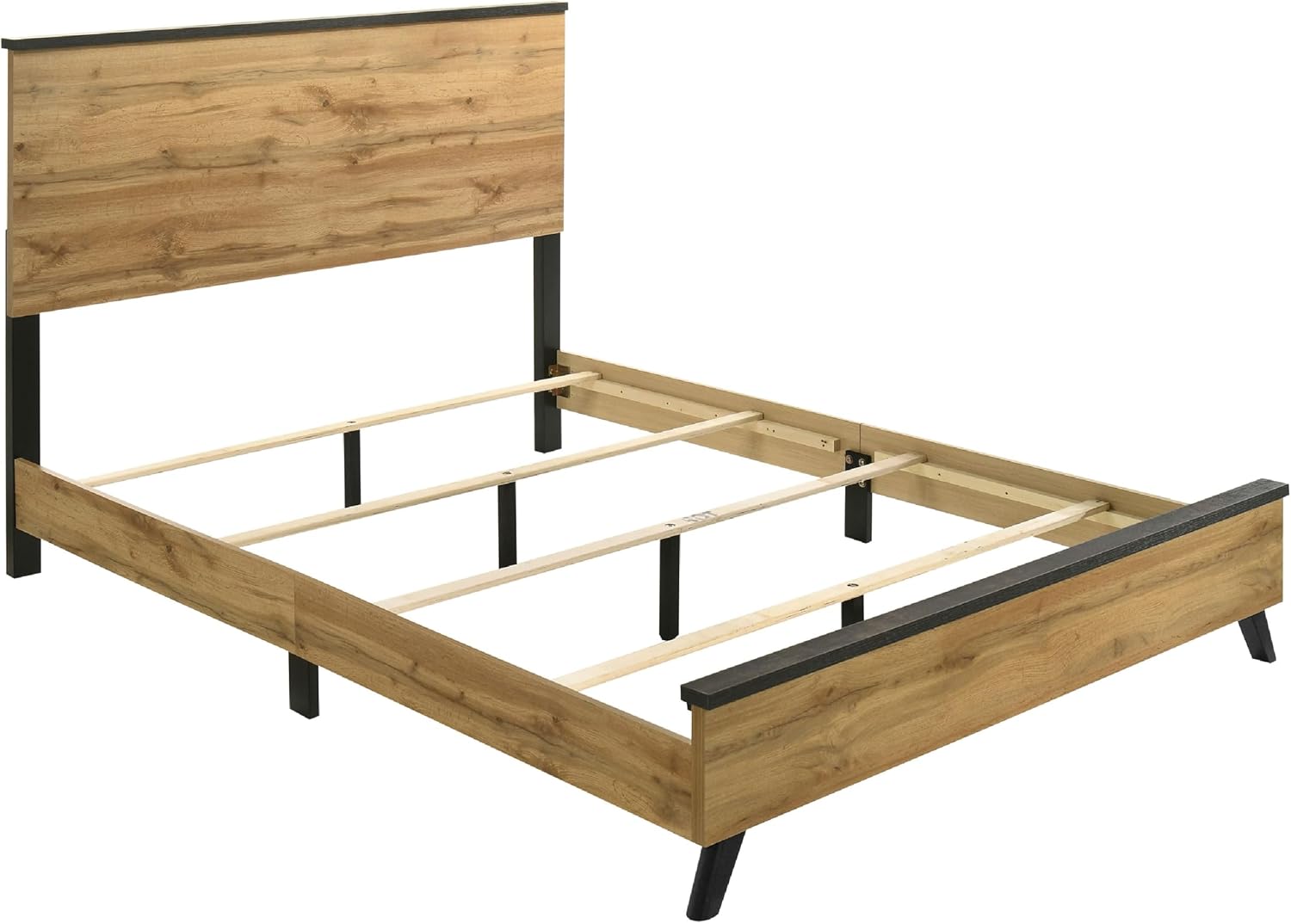 Benzara Wemy 4 Piece Queen Size Bed Set, Rustic Brown Pine Wood, Tapered Legs