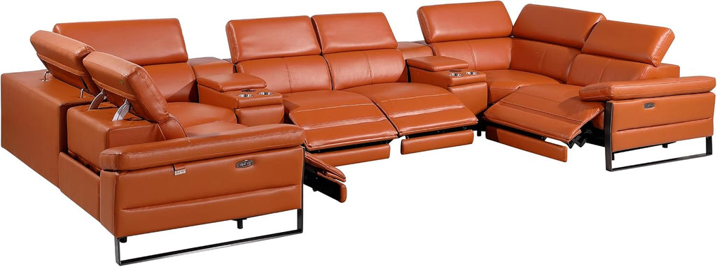 BlackJack Furniture Antonio 8 Piece U Shaped Power Reclining Sectional Sofa, Modular Couch with Top Grain Italian Leather, 4 Electric Recliners, USB & Wireless Chargers, Storage Console, Camel