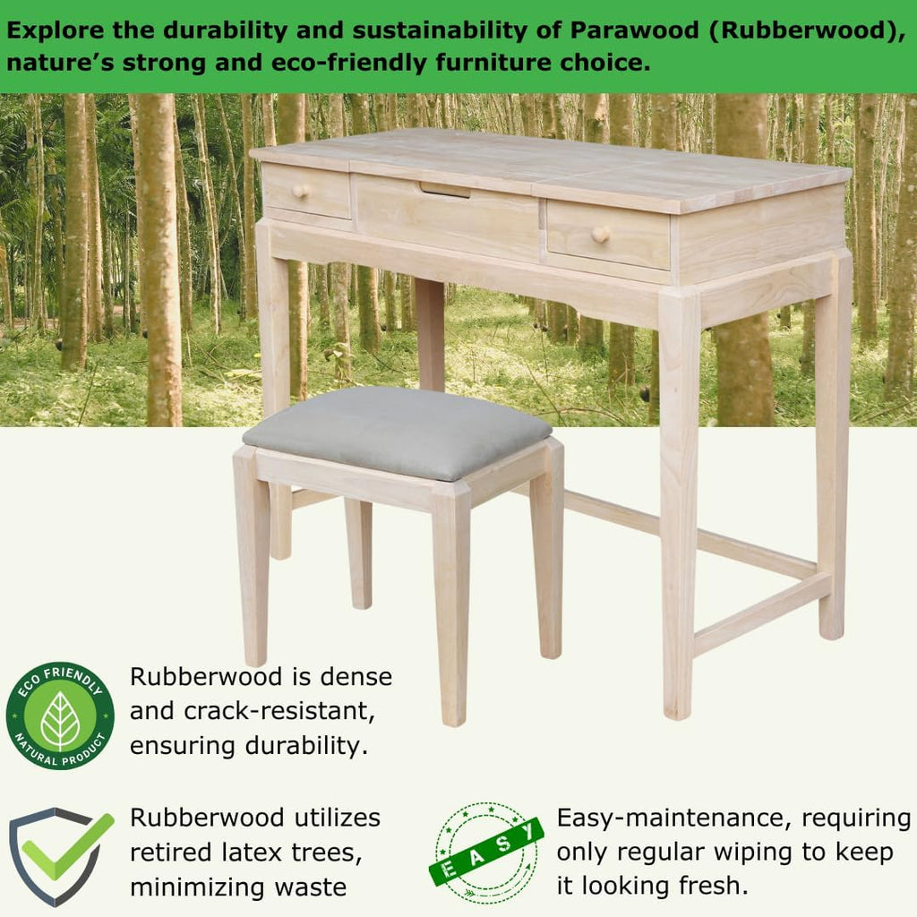 Solid Wood Vanity Table With Bench, Unfinished
