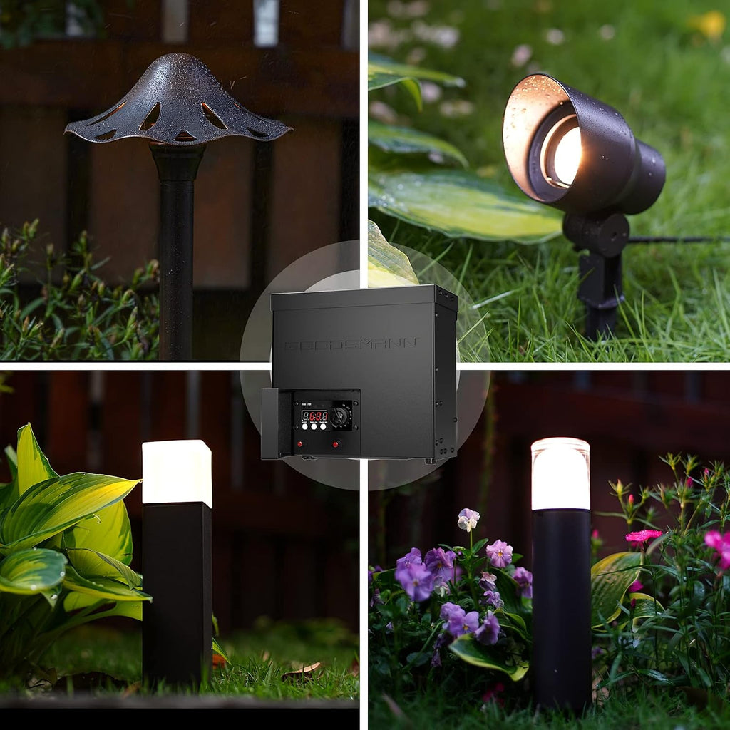 GOODSMANN Low Voltage Transformer 600W Landscape Lighting Power Pack with Timer Photo Eye for Outdoor Lights 120V AC to 12V AC 9111-60001-01A