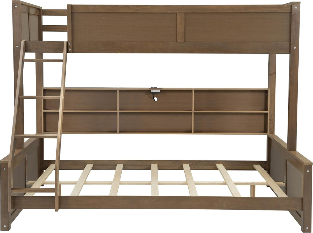 RUNNA Twin XL Over Queen Bunk Bed with Storage Cabinets and USB Ports, Solid Pine Wood Frame, Safety Guard Rails, No Box Spring Needed (Wood1, Twin XL Over Queen)