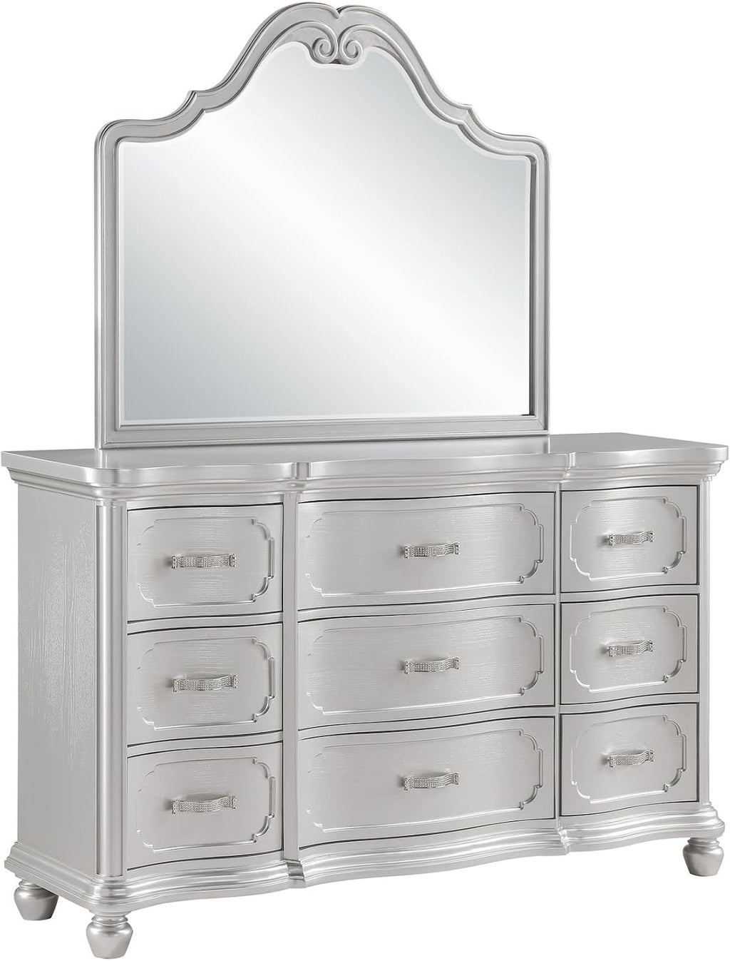 First of a Kind Roma Silver Finish Traditional 4 Piece King Bedroom Set with Upholstered Tufted Headboard Classic European Style Coordinated Furniture Collection