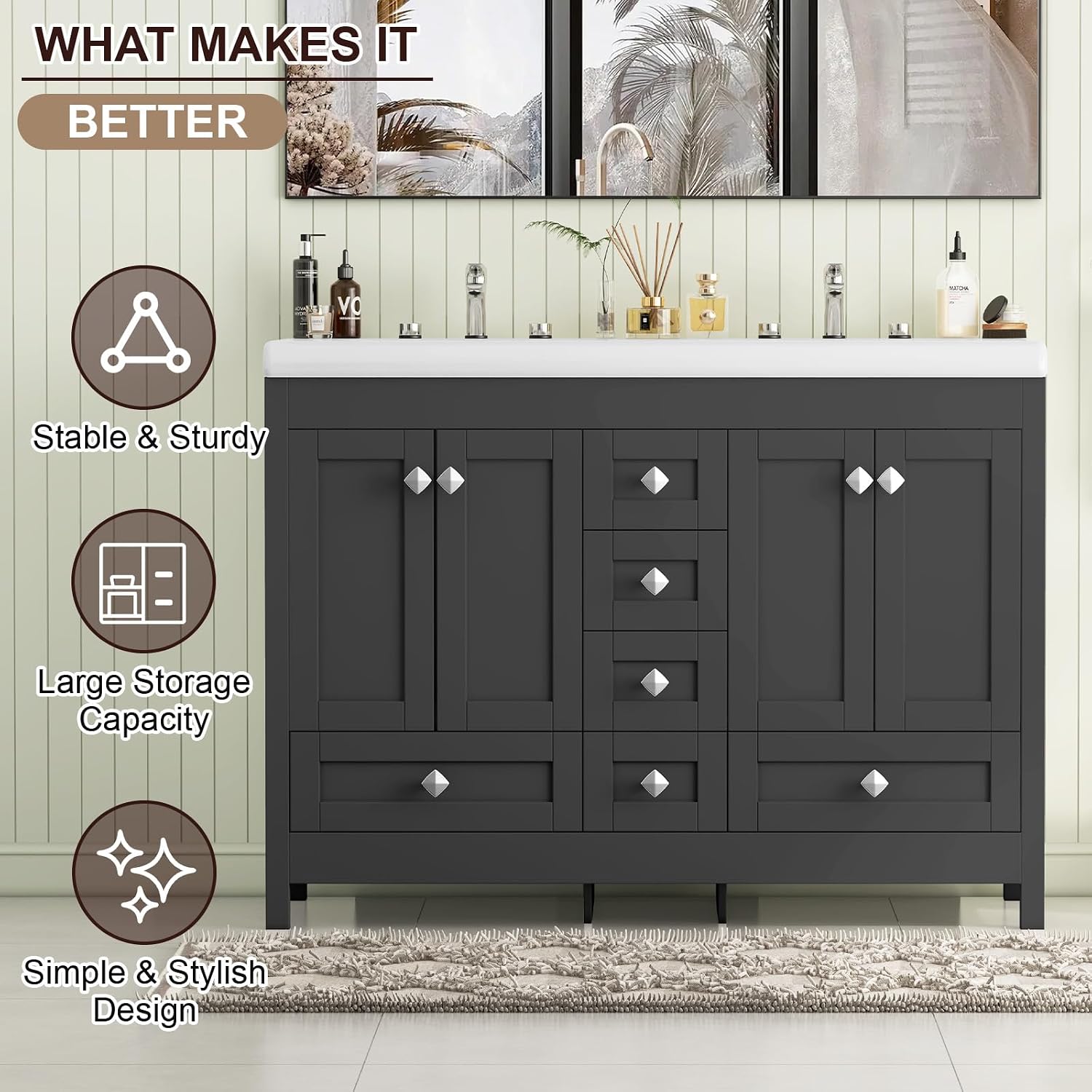 Bathroom Vanities with Sink Combo, 48' Modern Double Bathroom Vanity with 4 Doors & 5 Drawers, Freestanding White Bathroom Cabinet with Double Ceramic Sink, Black